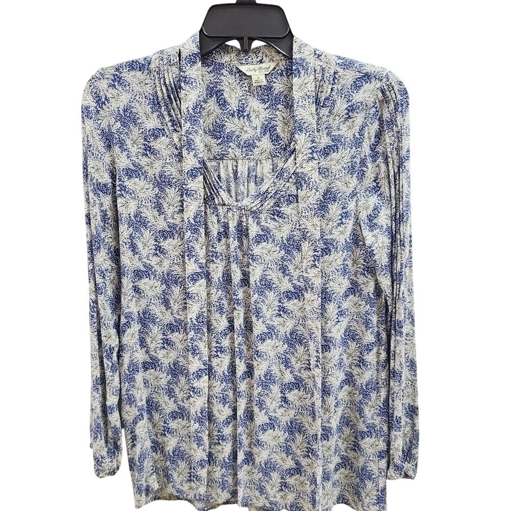 Lucky Brand Womens Blue White Leaf Print V-Neck Long Sleeve Blouse Small